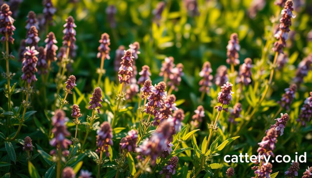 A lush and vibrant field of catnip (Nepeta cataria) plants, with delicate purple flowers and vibrant green foliage. The plants are bathed in warm, golden sunlight, casting soft shadows on the ground. The scene is captured with a shallow depth of field, keeping the foreground plants in sharp focus while the background blurs into a dreamlike haze. The overall atmosphere is one of tranquility and natural beauty, inviting the viewer to imagine a contented cat rolling and playing in the catnip. In the lower right corner, the brand name "cattery.co.id" is discreetly displayed.