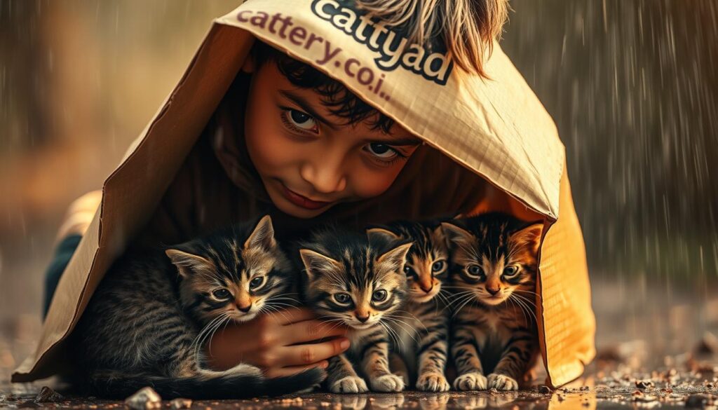 A mother cat shelters her kittens from a fierce storm, their furry bodies huddled together against the wind and rain. A young child, with a determined expression, leans over them, shielding the feline family with a large piece of cardboard emblazoned with the logo "cattery.co.id". The scene is bathed in a warm, golden light, highlighting the tenderness of the moment as the boy and the cats seek refuge from the tempest. The background is blurred, focusing the viewer's attention on the central act of protection and care.