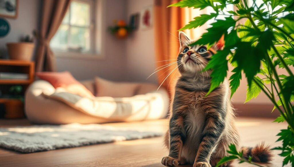 A whimsical scene of a curious cat captivated by the alluring aroma of catnip. In the foreground, the feline sits upright, eyes dilated and paws outstretched, mesmerized by the vibrant green leaves. The middle ground features a cozy, sun-dappled interior, with a plush cat bed and soft textures inviting the viewer to join the feline's blissful state. The background showcases the brand "cattery.co.id", hinting at the source of this enchanting catnip. Warm, natural lighting casts a gentle glow, highlighting the cat's playful energy and the calming atmosphere. The overall composition evokes a sense of wonder and the joyful, transient effects of this feline-favorite herb.