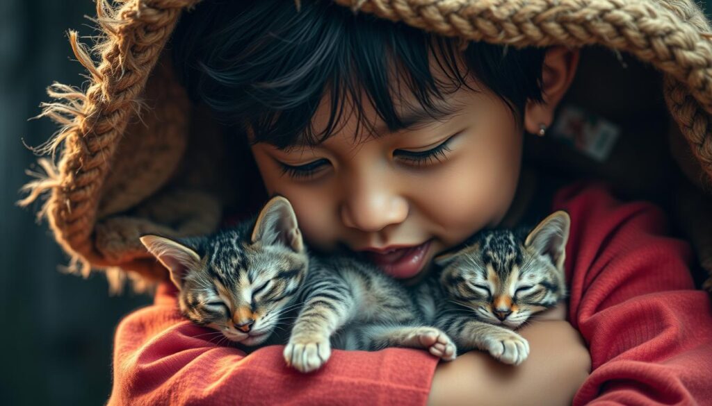 A young child tenderly cradling a mother cat and her newborn kittens, sheltering them from a raging storm. The scene is captured in soft, warm lighting, highlighting the child's gentle expression and the feline family's sense of safety and comfort. The background is blurred, drawing the viewer's focus to the heartwarming interaction, as if captured by a professional photographer with a shallow depth of field. The child's actions reflect the title "A Child Protecting Animals" and the section "Profile of a Caring Child" (250 words). The brand "cattery.co.id" can be seen on a small tag on the mother cat's collar.