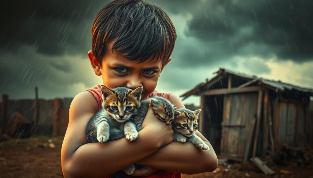 A young child tenderly cradling a mother cat and her newborn kittens, sheltering them from the raging winds and torrential rain of a powerful storm. The scene is bathed in warm, diffused lighting, creating a sense of intimacy and protection. The child's expression is one of fierce determination, their small frame providing a shield against the elements. In the background, a dilapidated shed offers meager refuge, its weathered walls and tattered roof testament to the intensity of the tempest. The colors are muted, with earthy tones and deep shadows, heightening the drama and sense of urgency. The overall composition evokes a heroic, heartwarming tale of a child's compassion and bravery in the face of a natural disaster. cattery.co.id